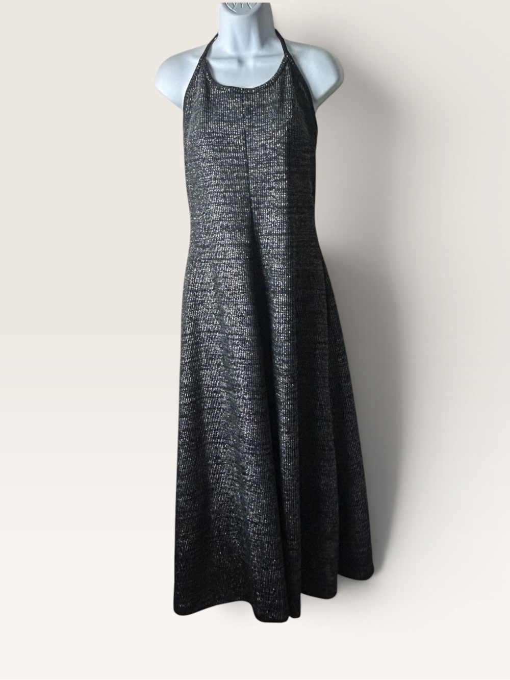 Vintage Vicky Vaughn Maxi Dress Tag Size 11 Union Made Black Metallic Halter